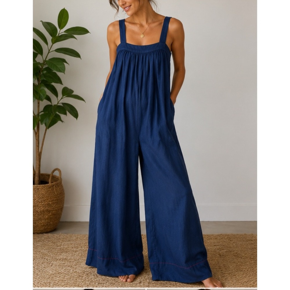 Elizabeth and James Blue Wide Leg Jumpsuit Square Neck Sleeveless Pockets Size 8